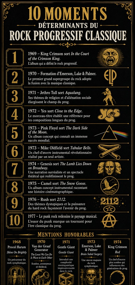 Infographie présentant 10 moments déterminants du rock progressif classique, de 1969 à 1977, avec albums majeurs et mentions honorables