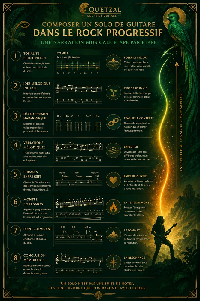 Infographie en 8 étapes pour composer un solo de guitare en rock progressif