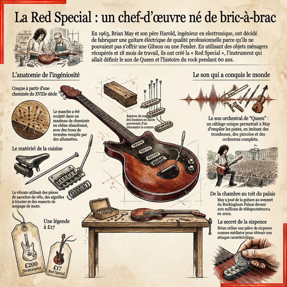 Infographie descriptive de la guitare Red Special de Brian May