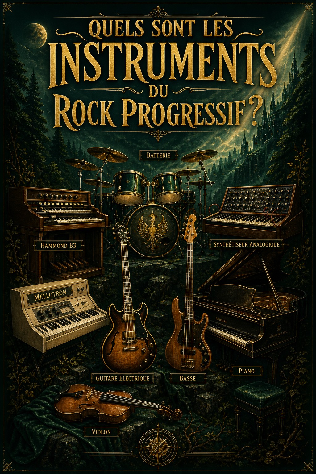 Principaux instruments du rock progressif : claviers, guitare électrique, basse, batterie, Mellotron, orgue Hammond, piano et violon