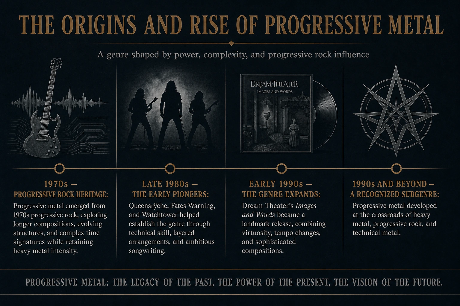 Origins of progressive metal from Rush influences to Queensrÿche and Fates Warning evolution