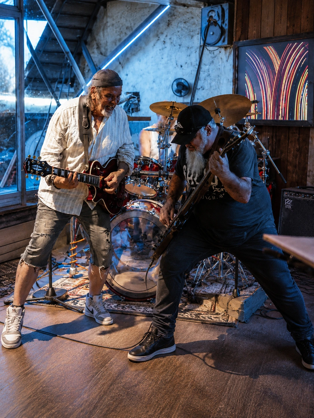 Quetzal guitarist Christian Laur and bassist Daniel Borrego performing together on stage