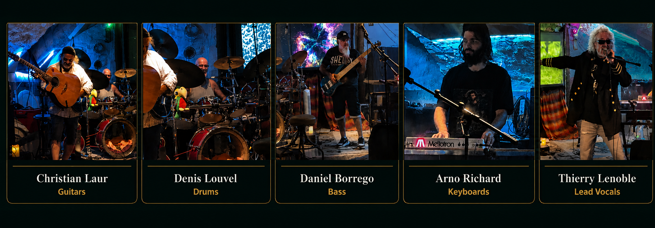 Christian Laur, Denis Louvel, Daniel Borrego, Arno Richard et Thierry Lenoble, les 5 musiciens du groupe Quetzal