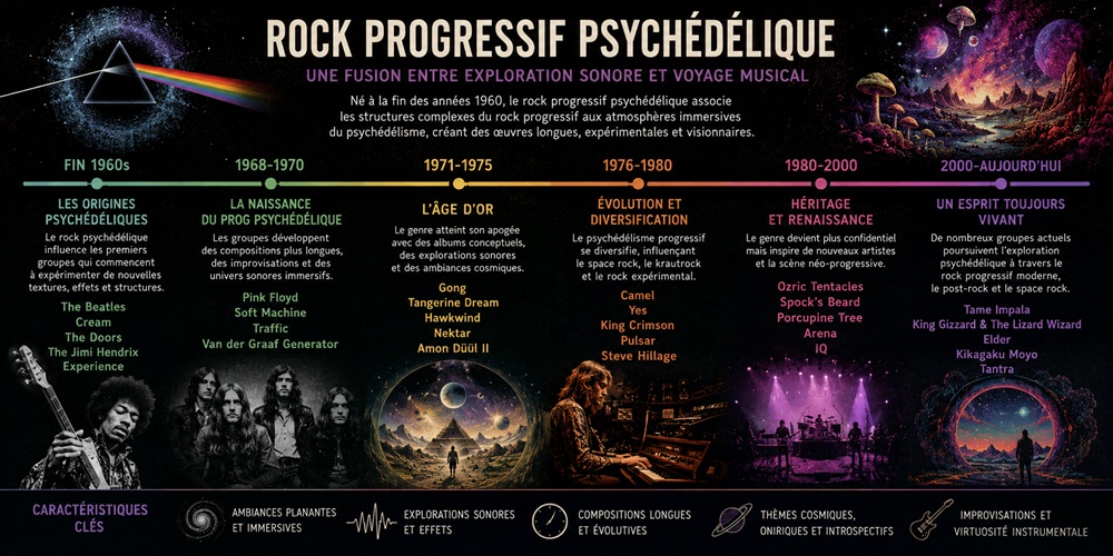 Chronologie du rock progressif psychédélique de la fin des années 1960 à aujourd'hui