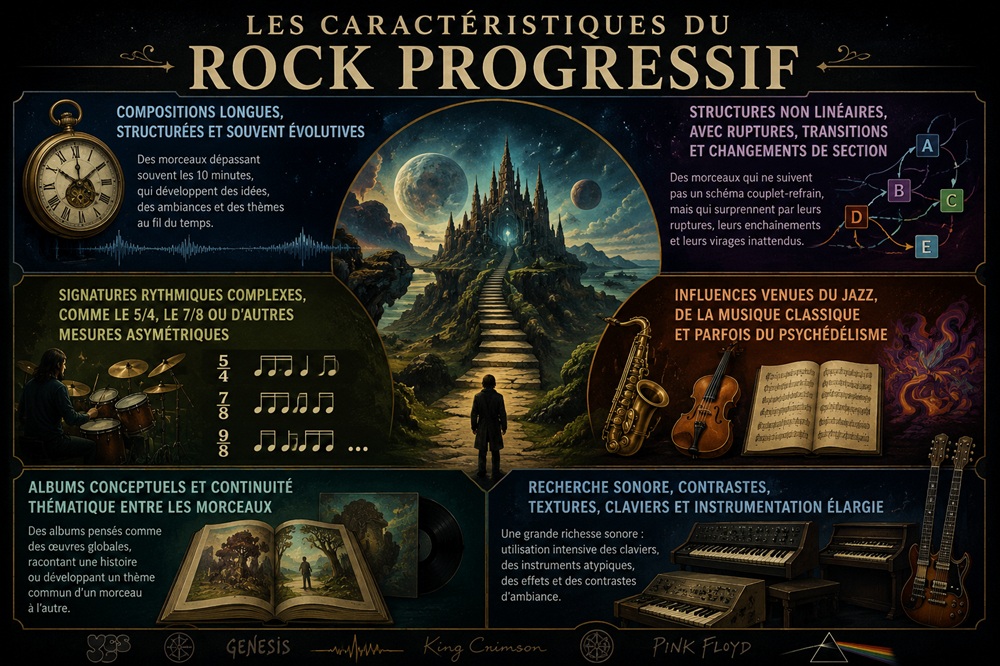 Infographie présentant les principales caractéristiques du rock progressif : compositions longues, structures non linéaires, rythmes complexes, influences du jazz et de la musique classique, albums conceptuels et recherche sonore.