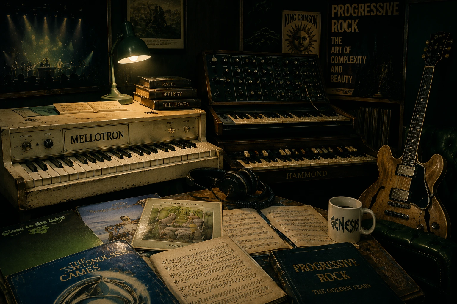 Mellotron, Hammond organ and Moog synthesizer representing the instruments of symphonic progressive rock